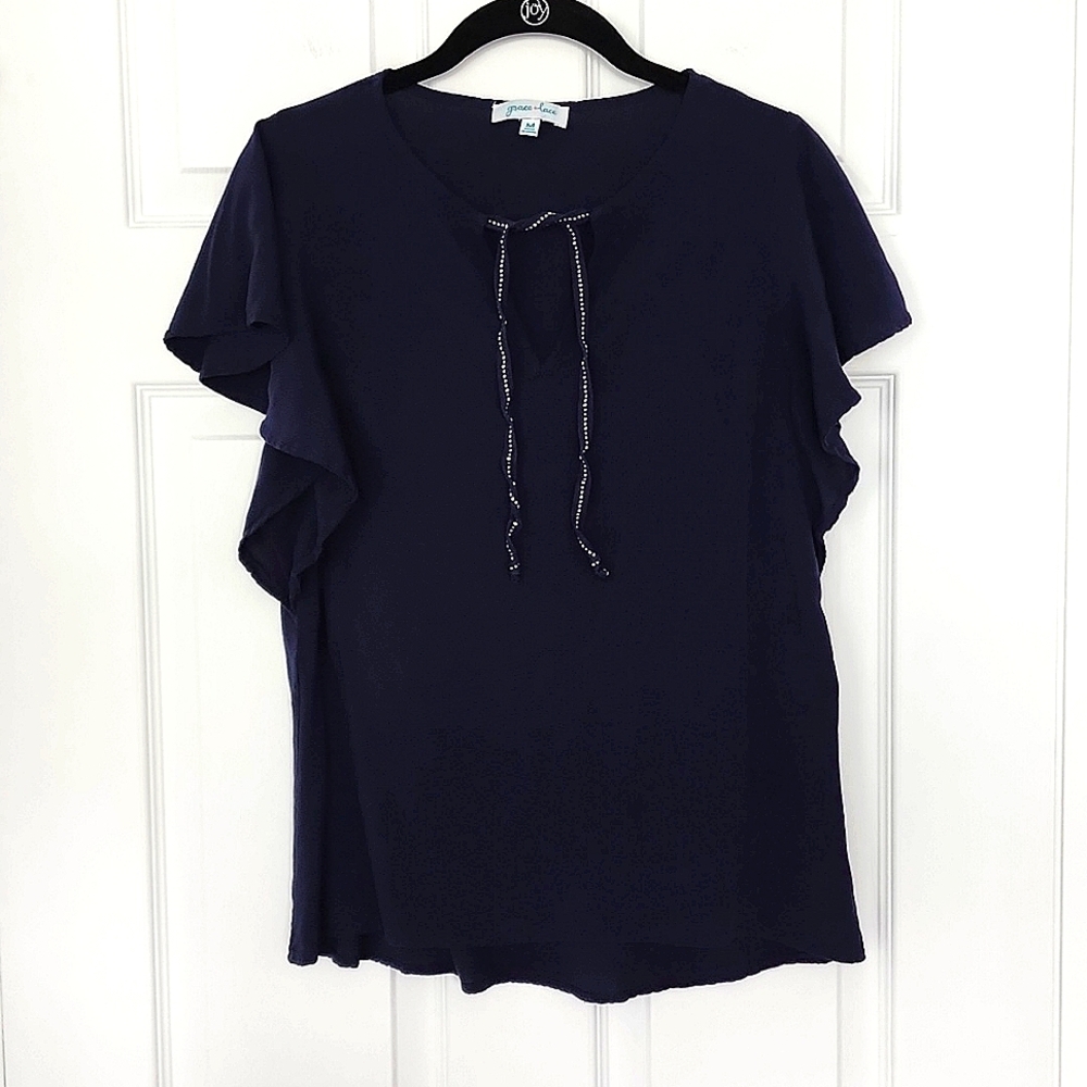 Grace & Lacy navy blue flutter sleeve top
